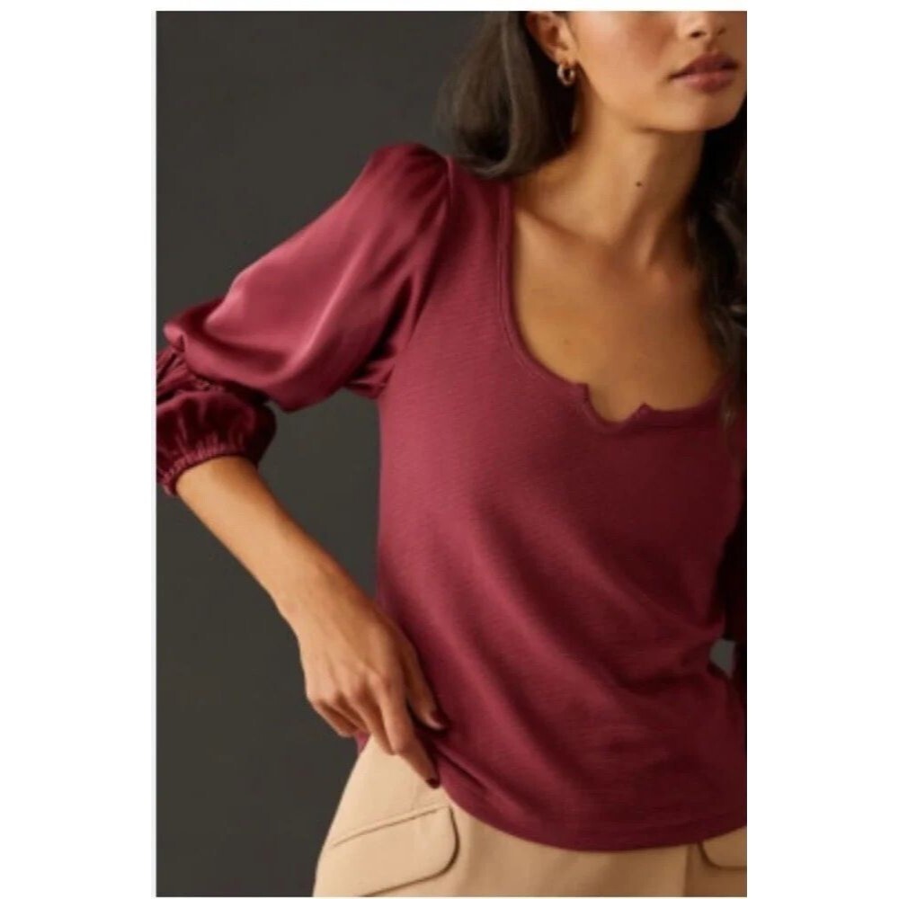 Maeve Anthropologie Women's Burgundy Ribbed Satin Sleeve Pullover Blouse Size M